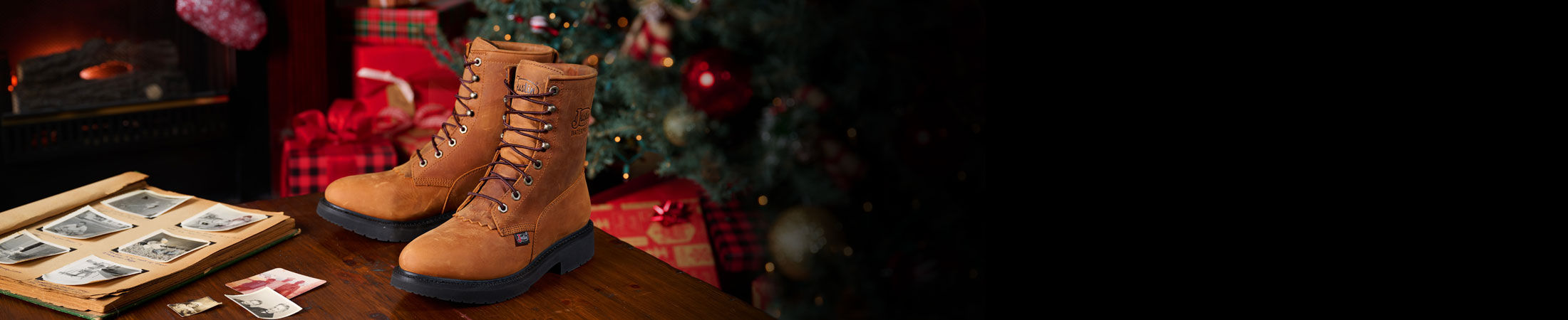 Livestock 8" Waterproof in aged bark brown posed on a wooden table with a Christmas scene behind it. 